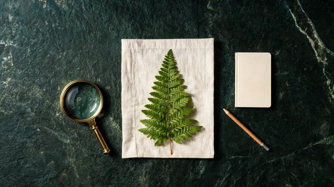 A complete fern specimen beside a magnifying glass, closed notebook and pencil on a workbench.