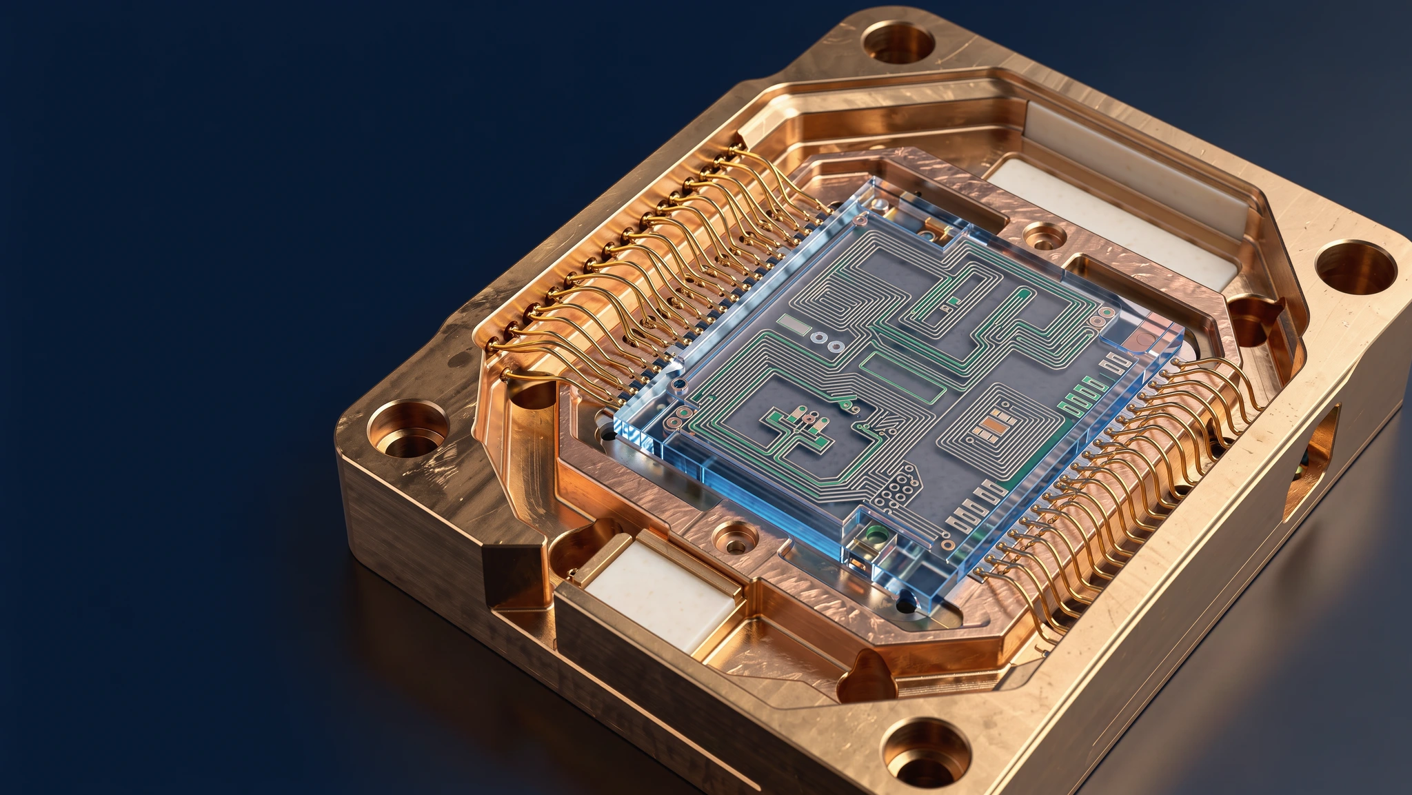 Conceptual superconducting processor package in gold, sapphire and ceramic